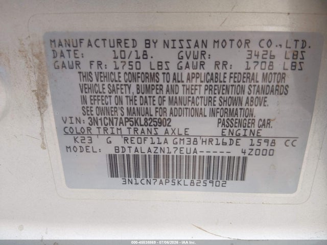 Nissan Versa 1.6 S+ 2019 3N1CN7AP5KL825902 Image 9
