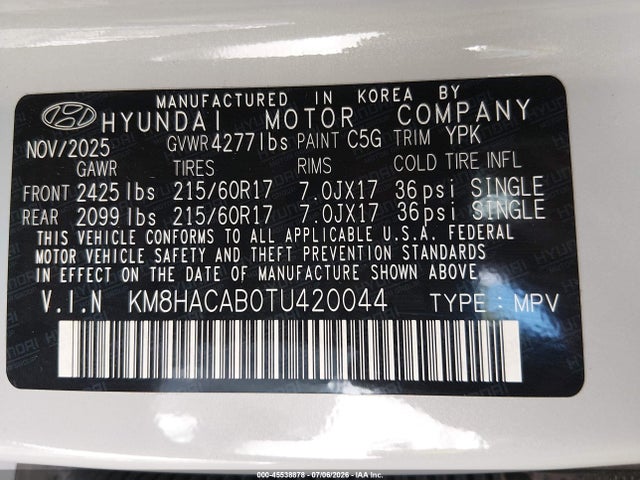 Aukcja sprzedaży 2026 Hyundai Kona Se, vin: KM8HACAB0TU420044, numer aukcji: 45538878