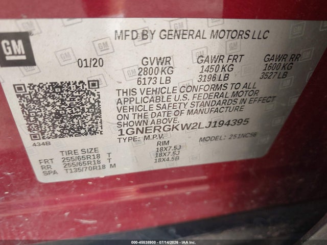 2020 Chevrolet Traverse Fwd Lt Cloth მანქანა იყიდება აუქციონზე, vin: 1GNERGKW2LJ194395, აუქციონის ნომერი: 45538900