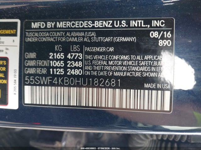 Auction sale of the 2017 Mercedes-benz C 300 Sport 4matic, vin: 55SWF4KB0HU182681, lot number: 45538903