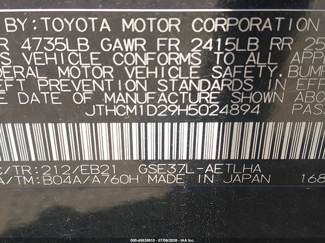 Aukcja sprzedaży 2017 Lexus Is 300, vin: JTHCM1D29H5024894, numer aukcji: 45538910