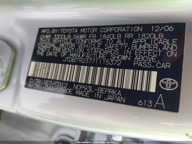 45538917 :رقم المزاد ، JTDBT923771115372 vin ، 2007 Toyota Yaris مزاد بيع