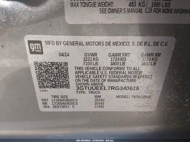Aukcja sprzedaży 2024 Gmc Sierra 1500 4wd  Short Box At4, vin: 3GTUUEEL7RG340616, numer aukcji: 45538922