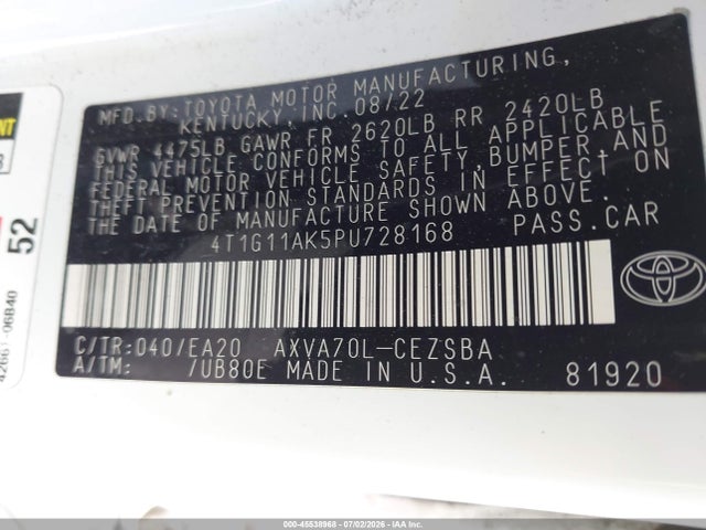 Продажа на аукционе авто 2023 Toyota Camry Se, vin: 4T1G11AK5PU728168, номер лота: 45538968