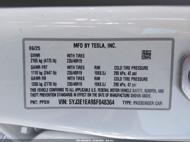 45538979 :رقم المزاد ، 5YJ3E1EA9SF048364 vin ، 2025 Tesla Model 3 Long Range Rear-wheel Drive/standard Rear-wheel Drive مزاد بيع