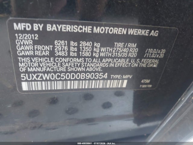 Продаж на аукціоні авто 2013 Bmw X5 Xdrive35d, vin: 5UXZW0C50D0B90354, номер лоту: 45538981