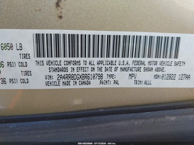 45538986 :رقم المزاد ، 2A4RR8DGXBR610798 vin ، 2011 Chrysler Town & Country Touring-l مزاد بيع
