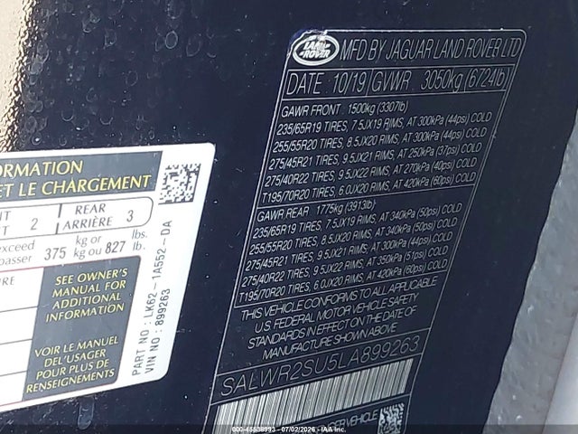 45538993 :رقم المزاد ، SALWR2SU5LA899263 vin ، 2020 Land Rover Range Rover Sport Hse Mhev مزاد بيع