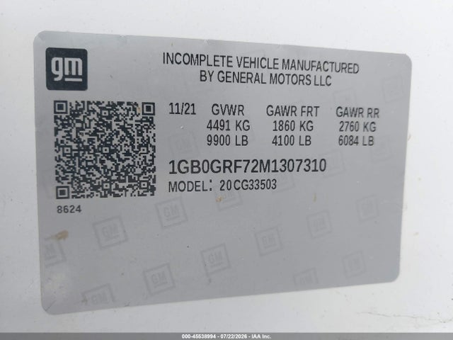 Продаж на аукціоні авто 2021 Chevrolet Express Cutaway Work Van, vin: 1GB0GRF72M1307310, номер лоту: 45538994