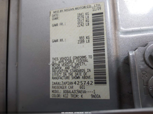 2010 Nissan Altima 2.5 მანქანა იყიდება აუქციონზე, vin: 1N4AL2AP1AN425742, აუქციონის ნომერი: 45539026