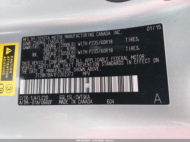 Aukcja sprzedaży 2015 Lexus Rx 350, vin: 2T2BK1BA1FC302373, numer aukcji: 45539037