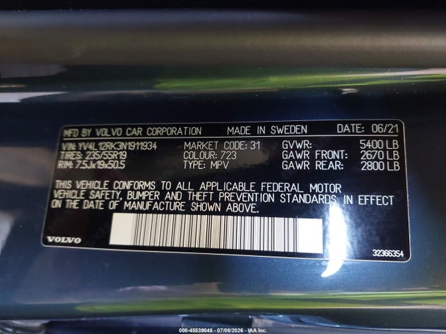 Продажа на аукционе авто 2022 Volvo Xc60 B5 Momentum, vin: YV4L12RK3N1911934, номер лота: 45539048