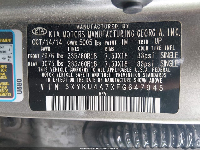 2015 Kia Sorento Ex V6 მანქანა იყიდება აუქციონზე, vin: 5XYKU4A7XFG647945, აუქციონის ნომერი: 45539058