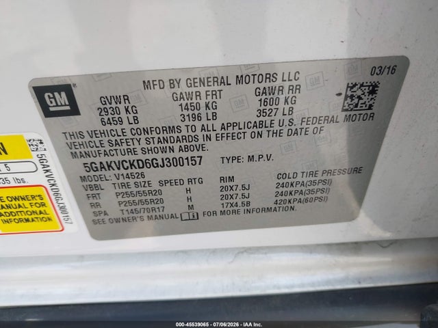 45539065 :رقم المزاد ، 5GAKVCKD6GJ300157 vin ، 2016 Buick Enclave Premium مزاد بيع