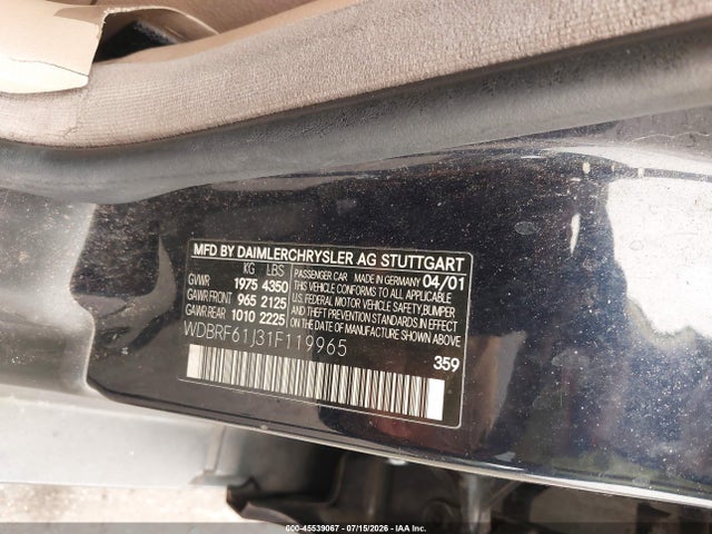 Aukcja sprzedaży 2001 Mercedes-benz C 240, vin: WDBRF61J31F119965, numer aukcji: 45539067