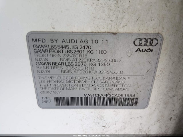 2012 Audi Q5 2.0t Premium მანქანა იყიდება აუქციონზე, vin: WA1CFAFP3CA051684, აუქციონის ნომერი: 45539079