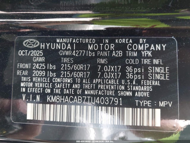 Aukcja sprzedaży 2026 Hyundai Kona Se, vin: KM8HACAB7TU403791, numer aukcji: 45539080