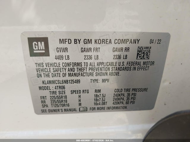 2022 Buick Encore Gx Awd Preferred მანქანა იყიდება აუქციონზე, vin: KL4MMCSL6NB125489, აუქციონის ნომერი: 45539091