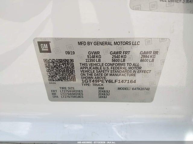 2020 Gmc Sierra 2500hd 4wd  Standard Bed At4 მანქანა იყიდება აუქციონზე, vin: 1GT49PEY6LF147164, აუქციონის ნომერი: 45539092
