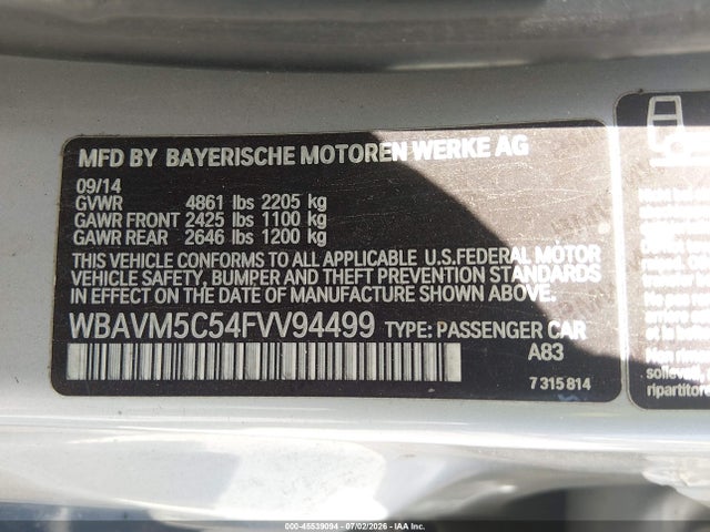 Продаж на аукціоні авто 2015 Bmw X1 Xdrive35i, vin: WBAVM5C54FVV94499, номер лоту: 45539094