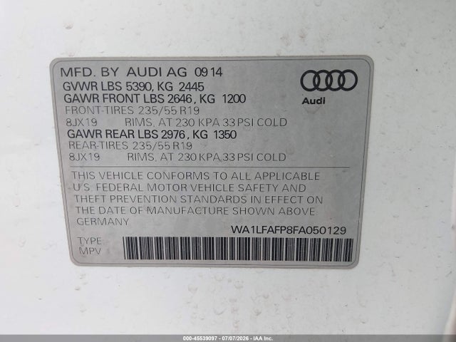 Продажа на аукционе авто 2015 Audi Q5 2.0t Premium, vin: WA1LFAFP8FA050129, номер лота: 45539097