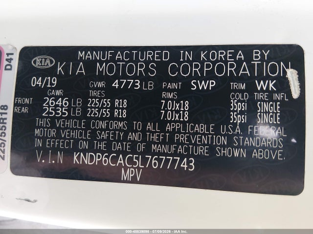 45539098 :رقم المزاد ، KNDP6CAC5L7677743 vin ، 2020 Kia Sportage S مزاد بيع