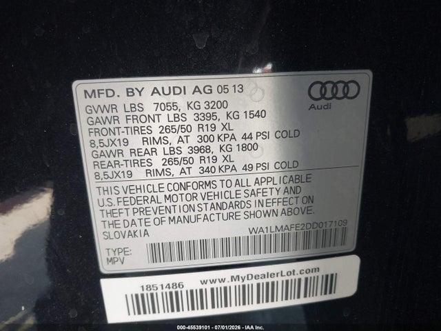 Aukcja sprzedaży 2013 Audi Q7 3.0 Tdi Premium, vin: WA1LMAFE2DD017109, numer aukcji: 45539101