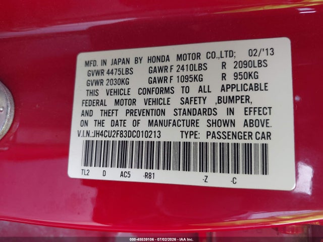 45539106 :رقم المزاد ، JH4CU2F83DC010213 vin ، 2013 Acura Tsx 2.4 مزاد بيع