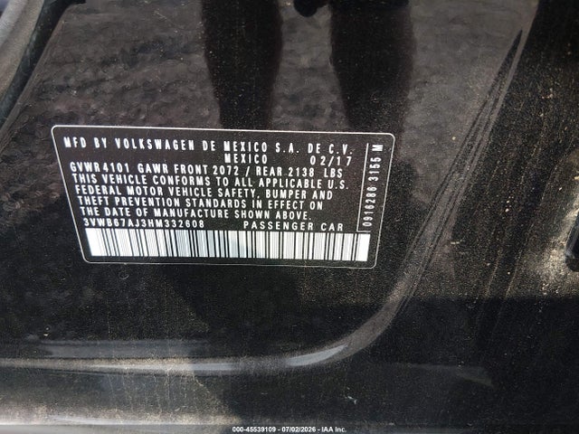 Продаж на аукціоні авто 2017 Volkswagen Jetta 1.4t Se, vin: 3VWB67AJ3HM332608, номер лоту: 45539109