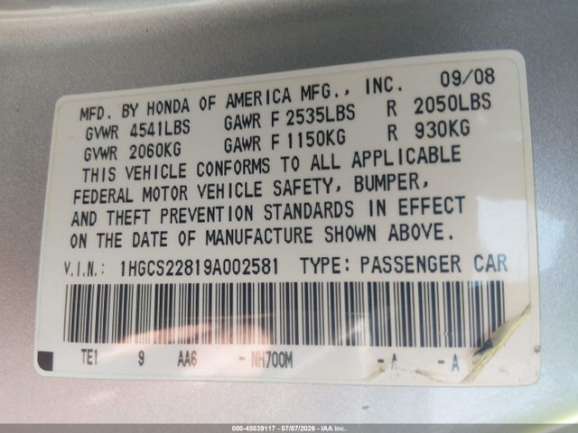 2009 Honda Accord 3.5 Ex-l მანქანა იყიდება აუქციონზე, vin: 1HGCS22819A002581, აუქციონის ნომერი: 45539117