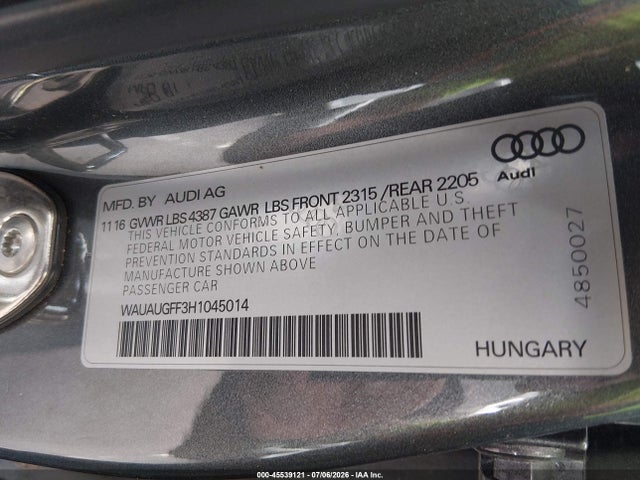 Продажа на аукционе авто 2017 Audi A3 2.0t Premium, vin: WAUAUGFF3H1045014, номер лота: 45539121