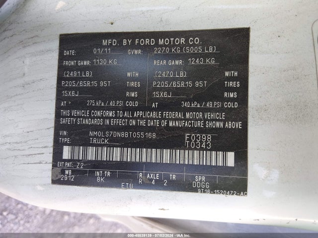 45539139 :رقم المزاد ، NM0LS7DN8BT055168 vin ، 2011 Ford Transit Connect Xlt مزاد بيع