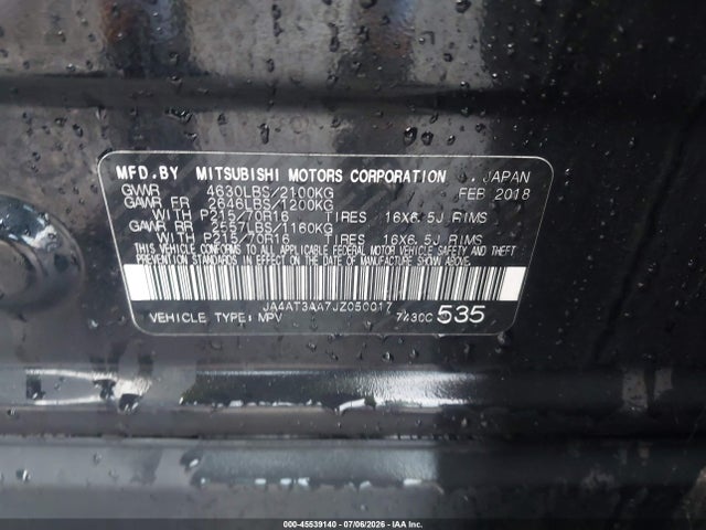 2018 Mitsubishi Eclipse Cross Es მანქანა იყიდება აუქციონზე, vin: JA4AT3AA7JZ050017, აუქციონის ნომერი: 45539140