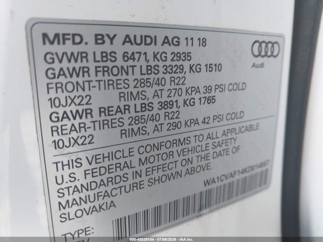 2019 Audi Q8 55 Premium მანქანა იყიდება აუქციონზე, vin: WA1CVAF14KD014557, აუქციონის ნომერი: 45539154