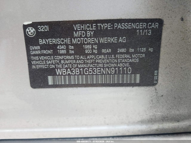 Aukcja sprzedaży 2014 Bmw 320i, vin: WBA3B1G53ENN91110, numer aukcji: 45539171