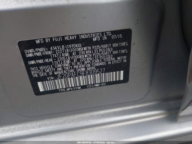 2015 Subaru Xv Crosstrek 2.0i Premium მანქანა იყიდება აუქციონზე, vin: JF2GPAFC9F8309527, აუქციონის ნომერი: 45539184