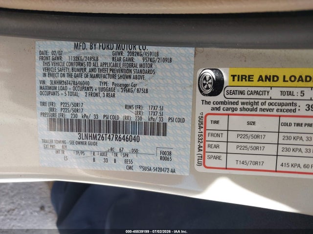 45539199 :رقم المزاد ، 3LNHM26T47R646040 vin ، 2007 Lincoln Mkz مزاد بيع