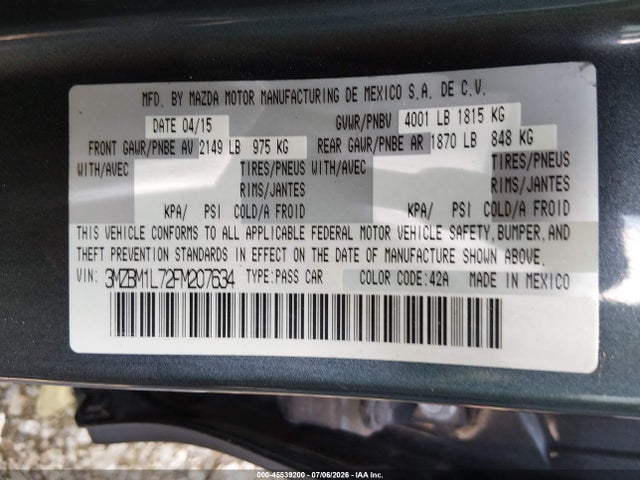 2015 Mazda Mazda3 მანქანა იყიდება აუქციონზე, vin: 3MZBM1L72FM207634, აუქციონის ნომერი: 45539200