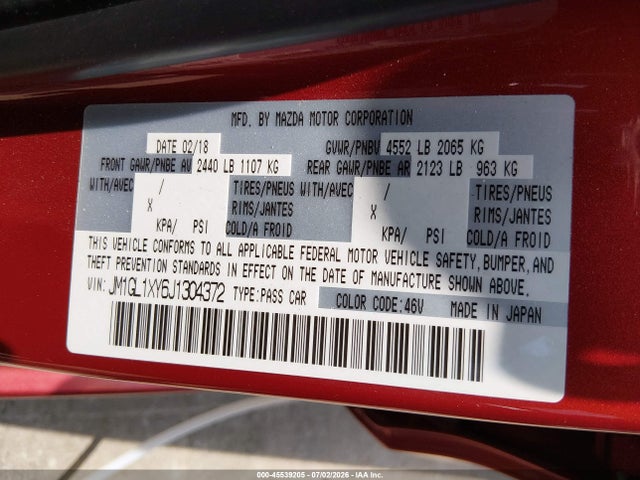 Продажа на аукционе авто 2018 Mazda Mazda6 Signature, vin: JM1GL1XY6J1304372, номер лота: 45539205