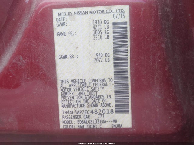 Aukcja sprzedaży 2015 Nissan Altima 2.5 S, vin: 1N4AL3AP7FC482018, numer aukcji: 45539220