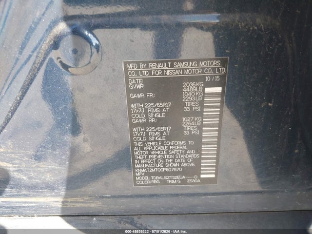 45539222 :رقم المزاد ، KNMAT2MT0GP607870 vin ، 2016 Nissan Rogue Sv مزاد بيع