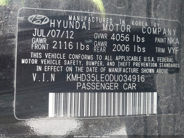 45539258 :رقم المزاد ، KMHD35LE0DU034916 vin ، 2013 Hyundai Elantra Gt مزاد بيع