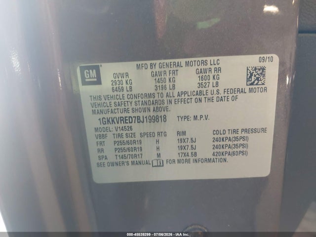 2011 Gmc Acadia Slt-1 მანქანა იყიდება აუქციონზე, vin: 1GKKVRED7BJ199818, აუქციონის ნომერი: 45539299