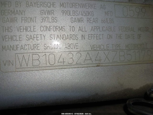 Aukcja sprzedaży 1999 Bmw R1100 S, vin: WB10432A4XZB51179, numer aukcji: 45539312