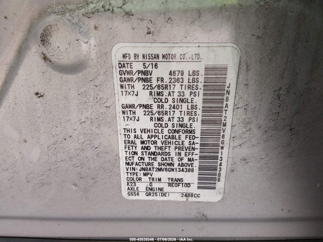45539346 :رقم المزاد ، JN8AT2MV6GW134388 vin ، 2016 Nissan Rogue S مزاد بيع