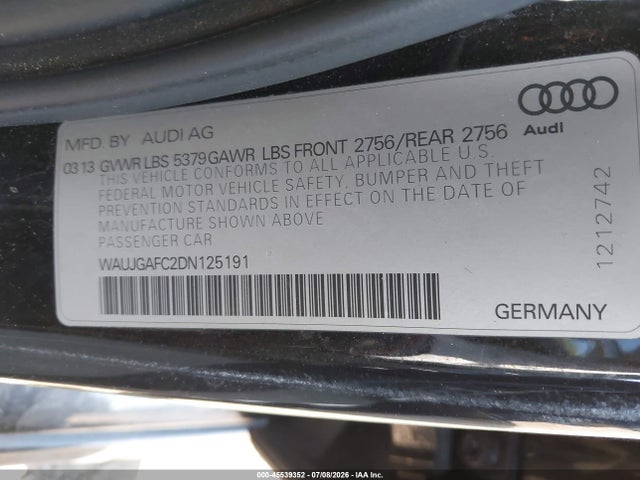 45539352 :رقم المزاد ، WAUJGAFC2DN125191 vin ، 2013 Audi A6 3.0t Premium مزاد بيع