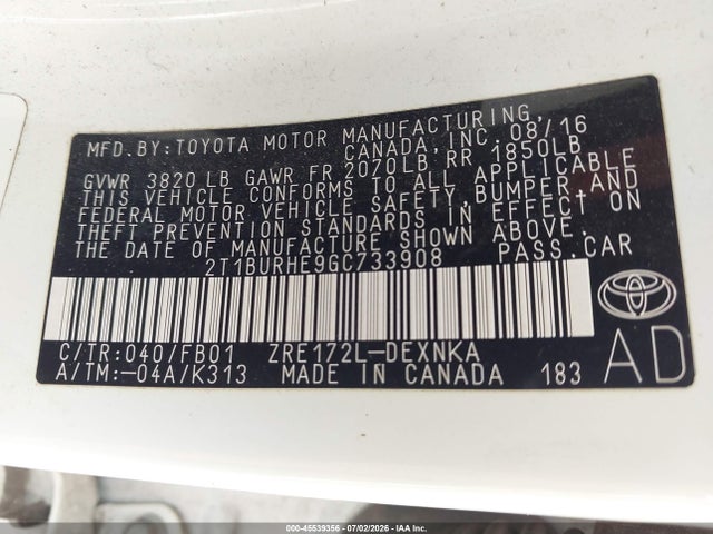 Продажа на аукционе авто 2016 Toyota Corolla Le, vin: 2T1BURHE9GC733908, номер лота: 45539356