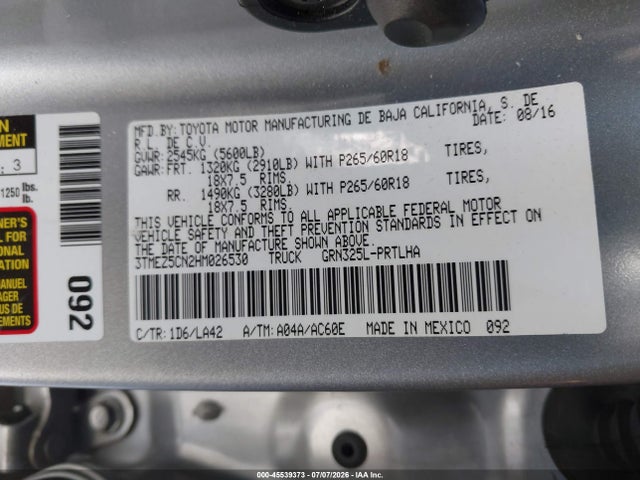 Продажа на аукционе авто 2017 Toyota Tacoma Limited, vin: 3TMEZ5CN2HM026530, номер лота: 45539373