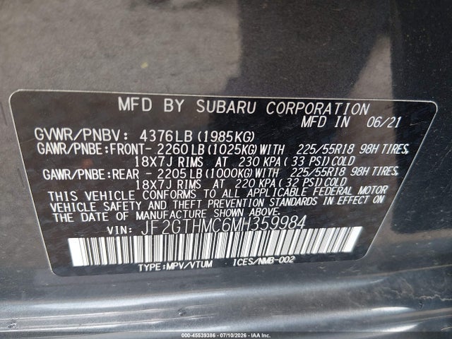 Продажа на аукционе авто 2021 Subaru Crosstrek Limited, vin: JF2GTHMC6MH359984, номер лота: 45539386