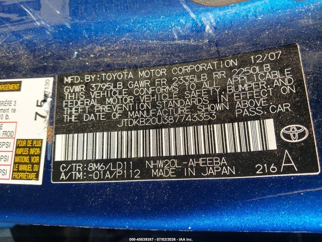 Auction sale of the 2008 Toyota Prius, vin: JTDKB20U387743353, lot number: 45539387